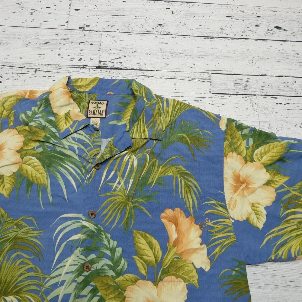 Tommy Bahama Shirt Mens Large Blue Silk Hawaiian Camp Button Up Hibiscus Aloha‎